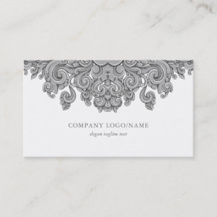 Elegant White & Grey Vintage Floral Swirl Business Card