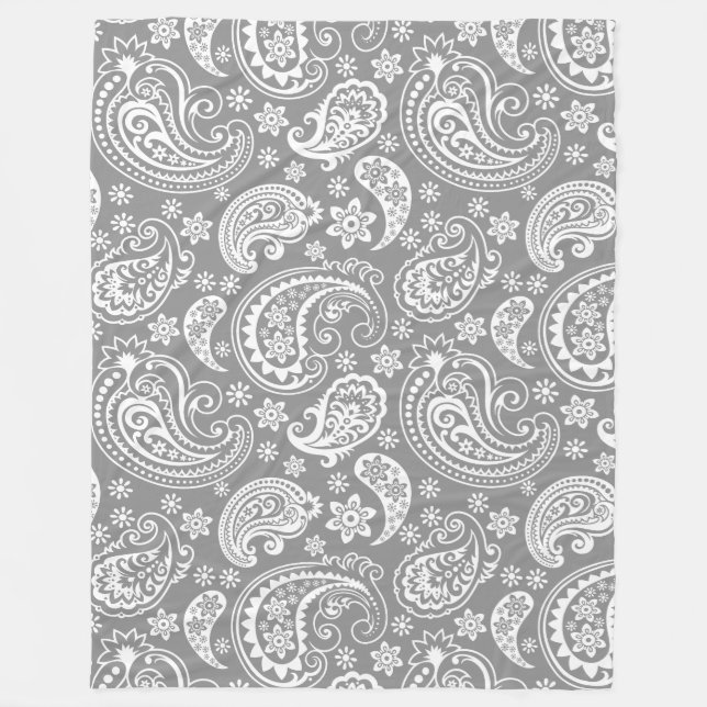 Elegant White & Grey Vintage Paisley Pattern Fleece Blanket (Front)