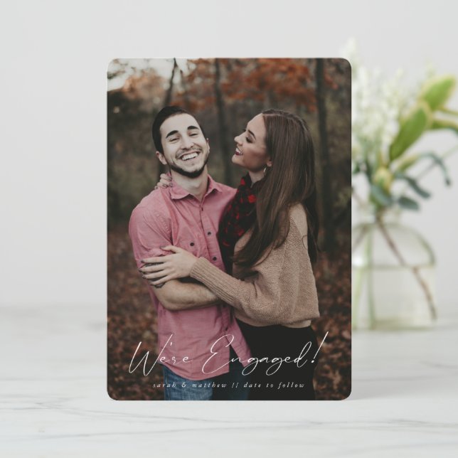 Elegant White Hand Written Script Engagement Photo Announcement (Standing Front)