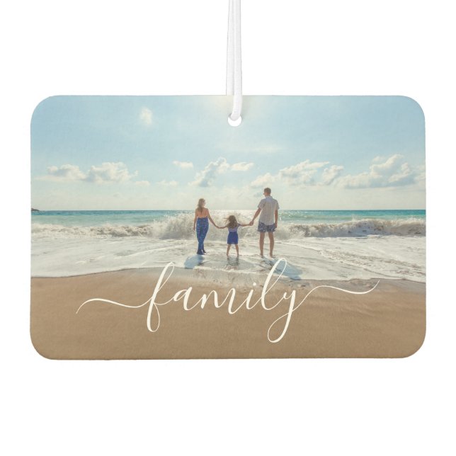 Elegant White Handwritten Script Family Photo Air Freshener (Front)