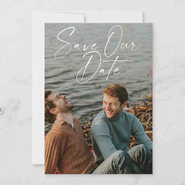 Elegant White Handwritten Script Photo Overlay Save The Date (Front)