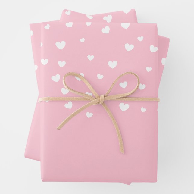 Elegant White Hearts on Pastel Pink Wrapping Paper Sheet (In situ)