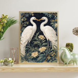 Elegant White Herons in Garden – Vintage Botanical Poster