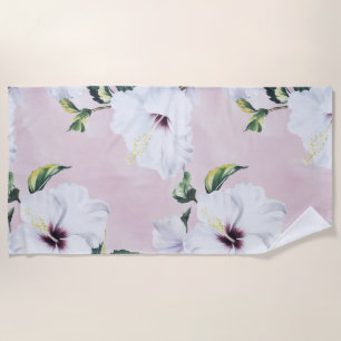 Elegant White Hibiscus on Soft Pink Background Beach Towel