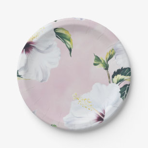 Elegant White Hibiscus on Soft Pink Background Paper Plate