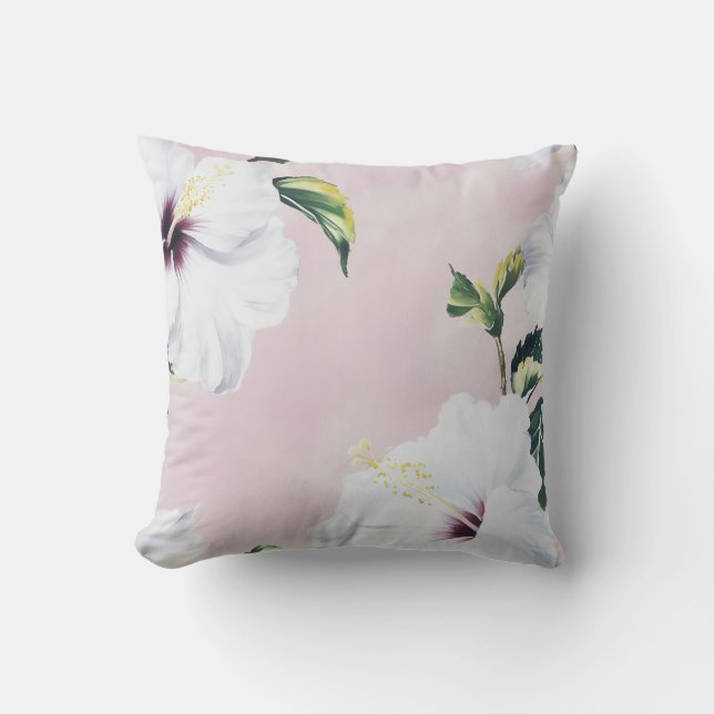 Elegant White Hibiscus on Soft Pink Background Throw Pillow (Front)
