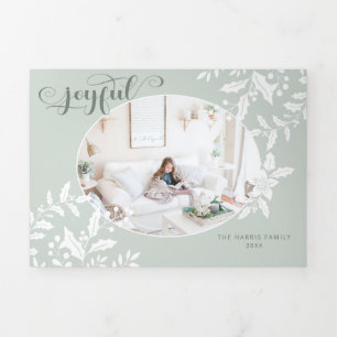 Elegant White Holly on Green w/Calligraphy Photo Tri-Fold Holiday Card