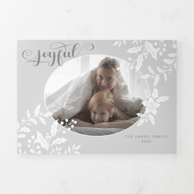 Elegant White Holly on Grey w/Calligraphy Photo Tri-Fold Holiday Card (Cover)