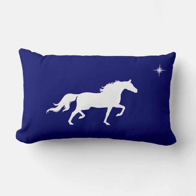 Elegant white horse and star  on navy blue lumbar pillow (Front)