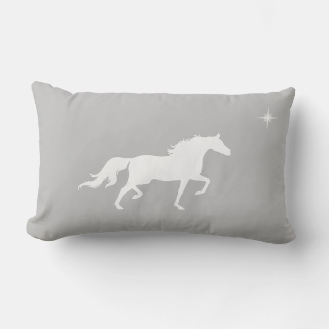 Elegant white horse and star  on silver grey lumbar pillow (Front)