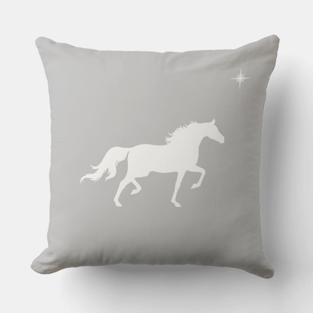 Elegant white horse and star on silver grey throw pillow (Front)