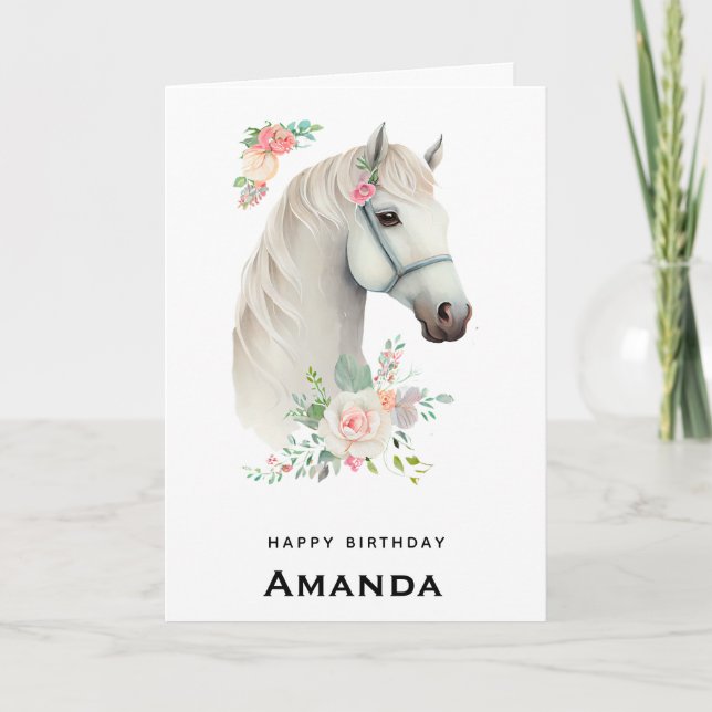 Elegant White Horse Boho Floral Birthday Card (Front)