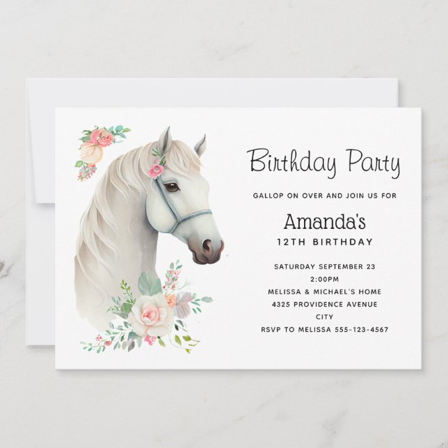 Elegant White Horse Boho Floral Birthday Invitation (Front)