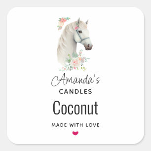 Elegant White Horse Boho Floral Candle Business Square Sticker