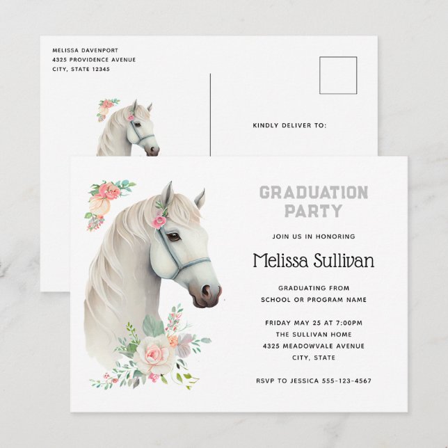 Elegant White Horse Boho Floral Graduation Invite Postcard (Front/Back)