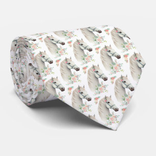 Elegant White Horse Boho Floral Patterned Tie