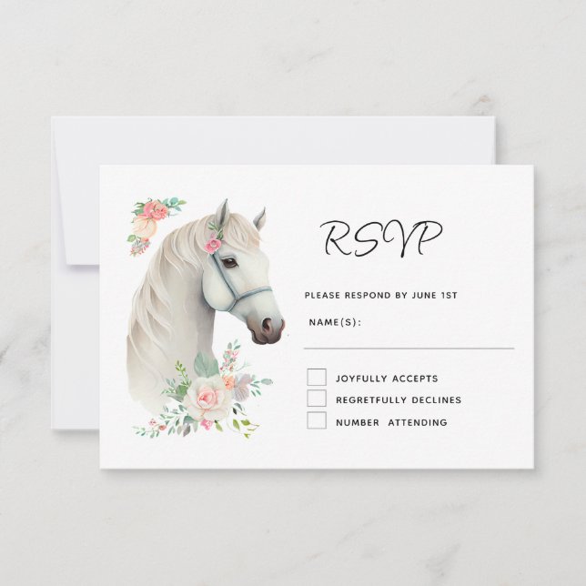 Elegant White Horse Boho Floral Wedding RSVP Card (Front)