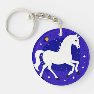 Elegant White Horse in Cosmic Night Display Keychain