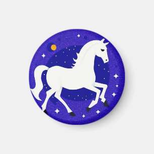 Elegant White Horse in Cosmic Night Display Magnet