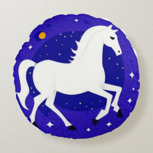 Elegant White Horse in Cosmic Night Display Round Pillow