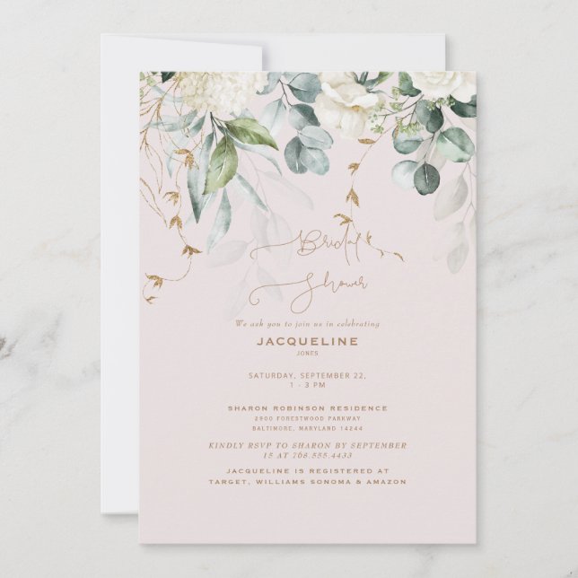 Elegant White Hydrangea Blush Bridal Shower Invitation (Front)