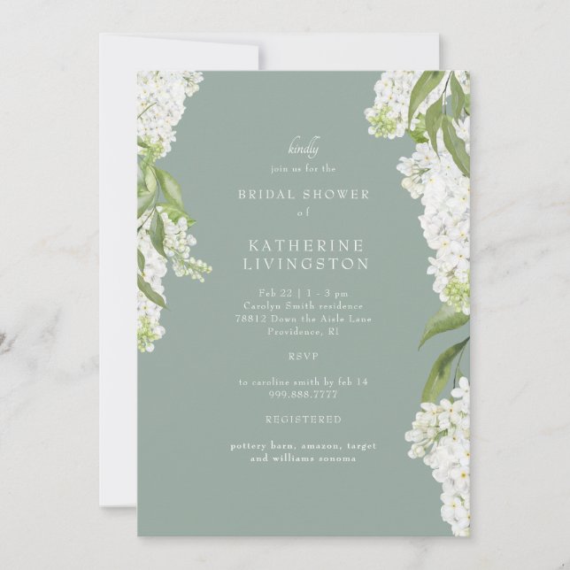 Elegant White Hydrangea Dark Sage Bridal Shower II Invitation (Front)