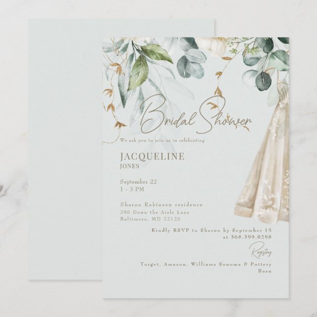 Elegant White Hydrangea Dress Sage Bridal Shower Invitation (Front/Back)