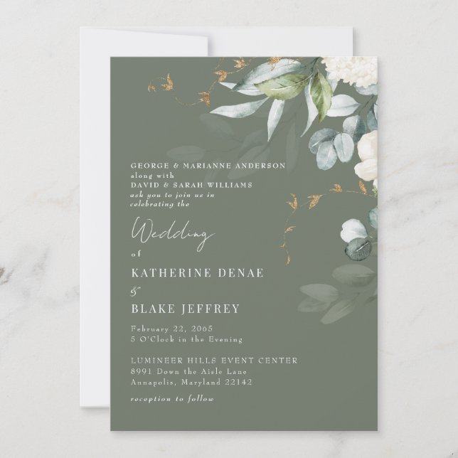 Elegant White Hydrangea Rich Sage Wedding Invitation (Front)