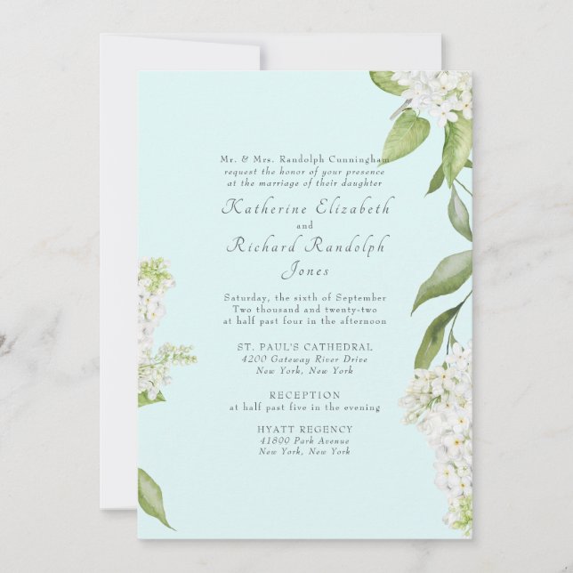 Elegant White Hydrangea Seafoam II Wedding Invitation (Front)