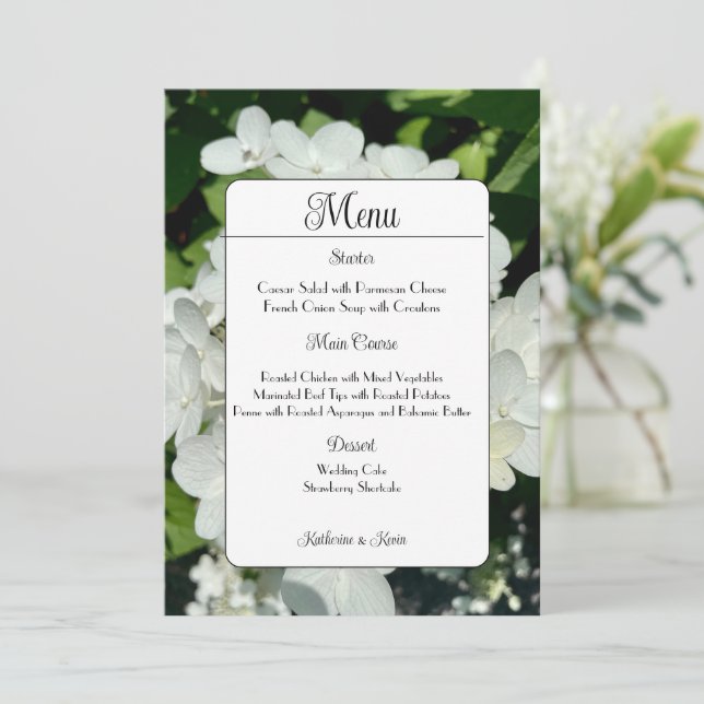 Elegant White Hydrangea Wedding Menu (Standing Front)