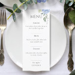 Elegant White Hydrangea Wedding Menu<br><div class="desc">The blue hydrangea wedding menu sets a welcoming, elegant and youthful tone. Hydrangeas have always been a very popular floral choice for weddings. This table card features 2 complimentary fonts against a white background and a hydrangea floral arrangement in the top right corner. Personalize this card with your own wedding...</div>