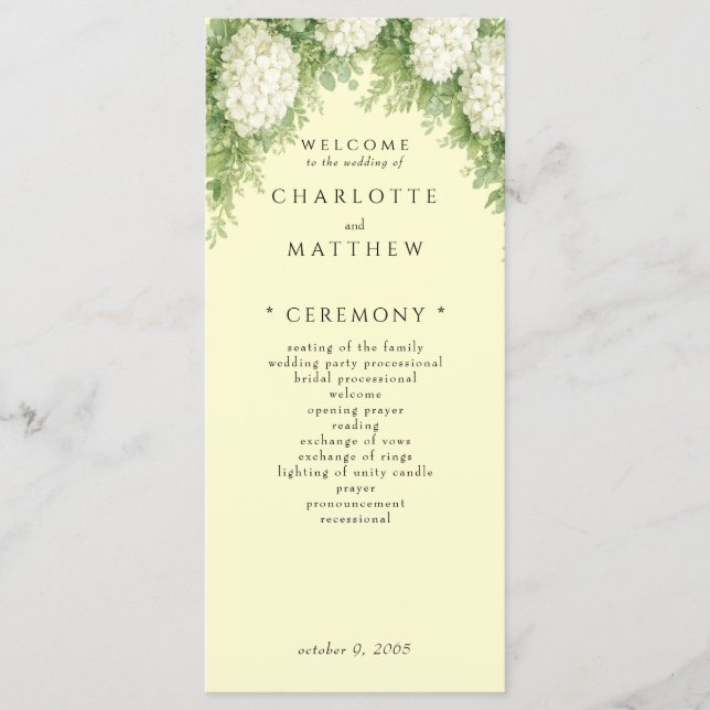 Elegant White Hydrangeas Yellow Wedding Program (Front)