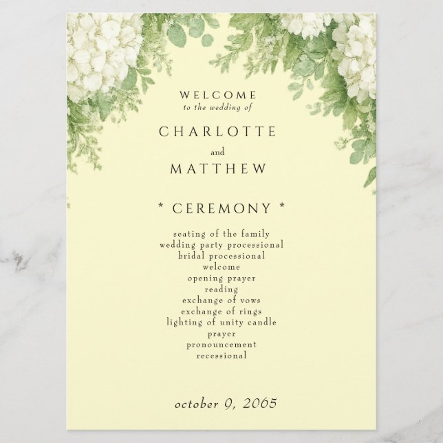 Elegant White Hydrangeas Yellow Wedding Program II (Front)