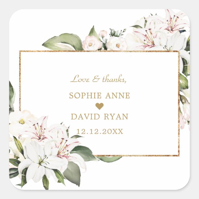 Elegant White Imperial Lilies Gold Wedding  Square Sticker (Front)