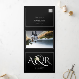 Elegant white initials and ampersand, rose wedding Tri-Fold invitation