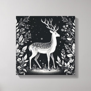 Elegant White Ink Deer in Botanical Frame Canvas Print