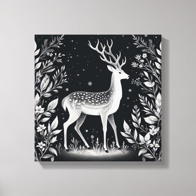 Elegant White Ink Deer in Botanical Frame Canvas Print (Front)