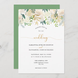 Elegant White Ivory Floral and greenery wedding Invitation
