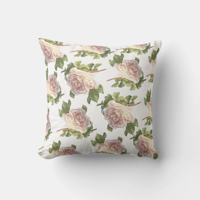 Elegant White Ivory Peach Roses pattern Throw Pillow (Front)