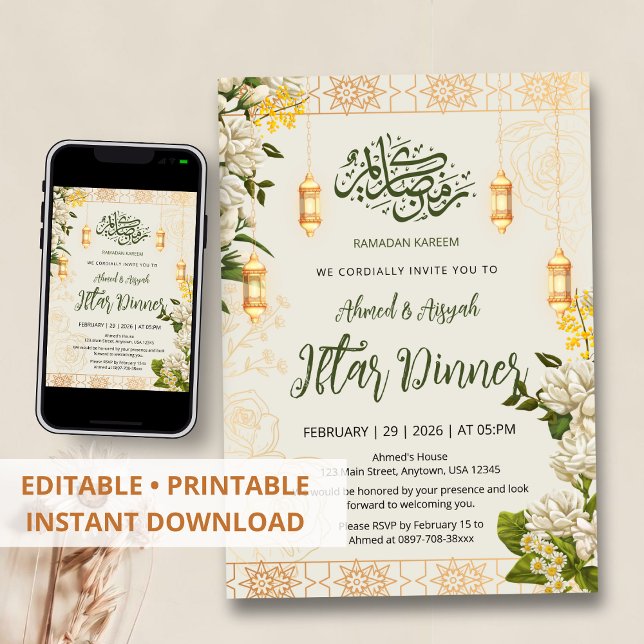 Elegant White Jasmine Floral Ramadan Iftar Invitation (Creator Uploaded)