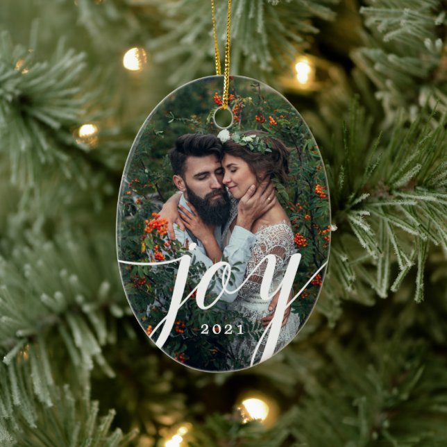 Elegant White Joy Script Photo Christmas Ceramic Ornament (Tree)