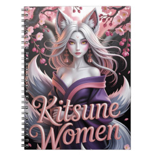Elegant White Kitsune Woman with Sakura Blossoms Notebook