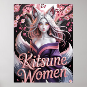 Elegant White Kitsune Woman with Sakura Blossoms Poster