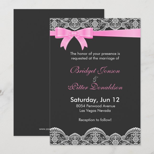 Elegant White Lace And Pale Pink Ribbon Wedding Invitation (Front/Back)