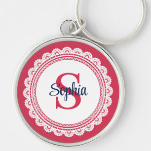Elegant White Lace and Red and Navy Initial Keychain