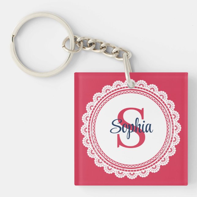 Elegant White Lace and Red and Navy Initial Keychain (Front)