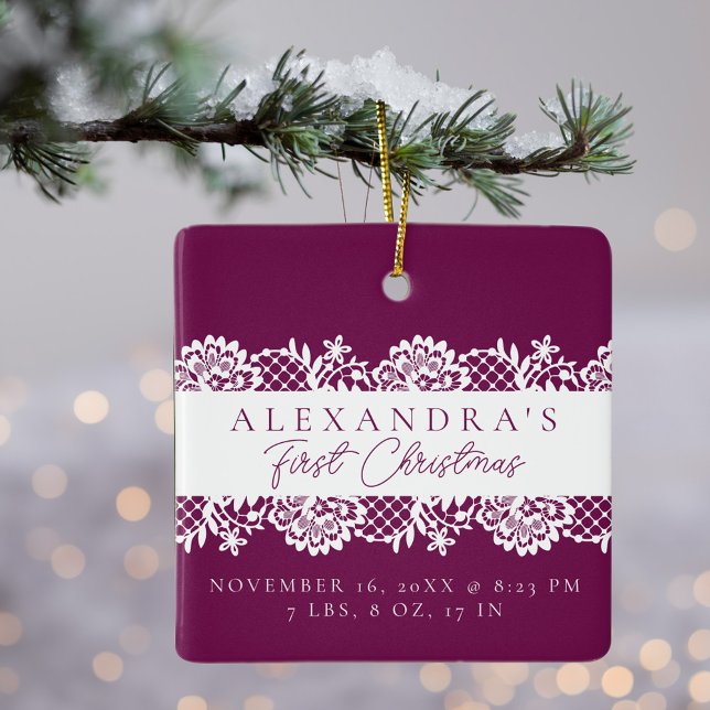 Elegant White Lace Baby's First Christmas Photo Ceramic Ornament (Elegant White Lace Baby's First Christmas Photo Ceramic Ornament)