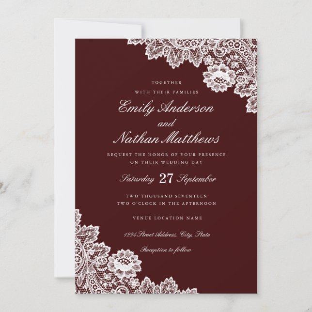 Elegant White Lace Burgundy Wedding Invitation (Front)