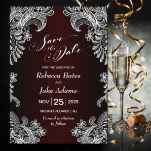 Elegant White Lace Burgundy Wedding Save The Date