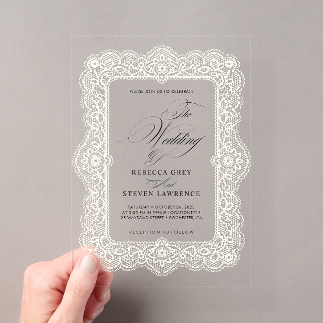 Elegant white lace calligraphy wedding acrylic invitations (Insitu (Handheld))